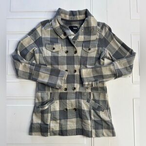 Hurley Women’s Sz Medium Gray Cream Plaid Flannel Long Jacket Pea Coat Cotton